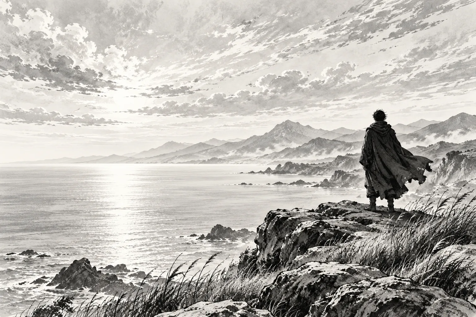 Un voyageur face à la mer et à un horizon de montagnes, dessiné à l’encre.